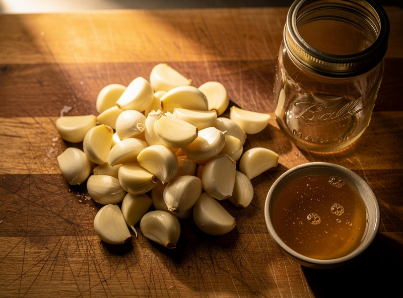 Top-down macro of fresh peeled garlic cloves piled on a wooden cutting board with a small bowl of raw unfiltered honey nearby and a glass mason jar ready to fill