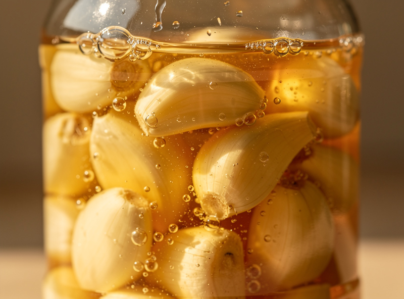 Macro close-up of a glass jar of garlic cloves submerged in raw honey at week 4 of fermentation showing the honey thinned to a maple-syrup consistency with visible bubbles indicating active fermentation