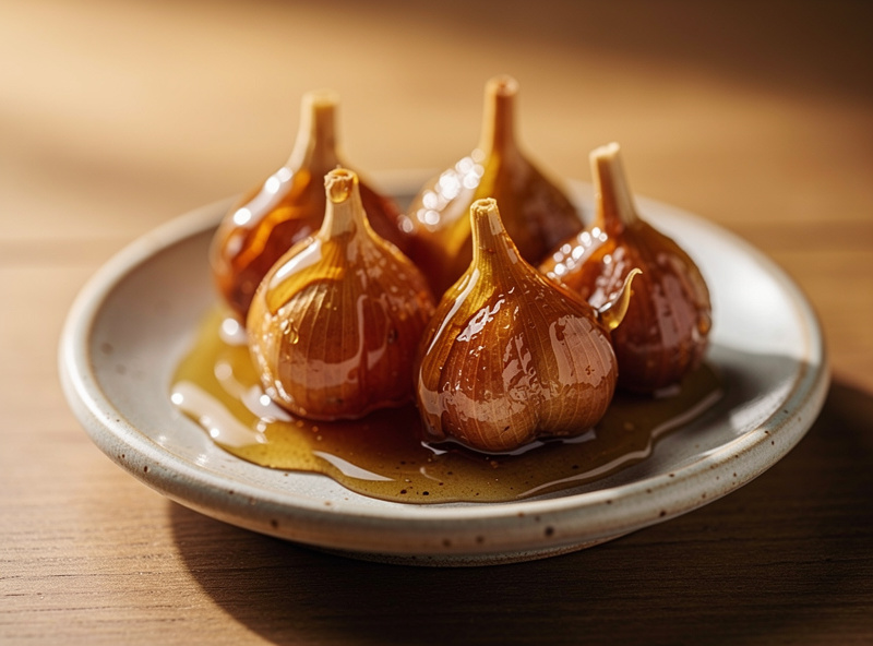 Macro photograph of finished honey-fermented garlic on a small ceramic dish with the garlic cloves caramelized to a deep amber color with the thinned honey-syrup drizzled over them
