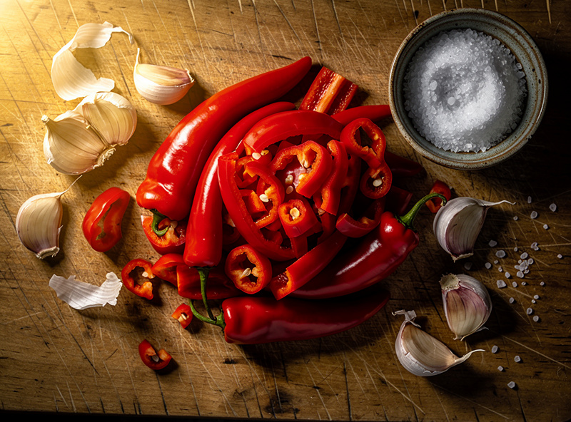 Top-down macro of fresh whole and chopped red chili peppers piled on a wooden cutting board with garlic cloves and a small bowl of salt