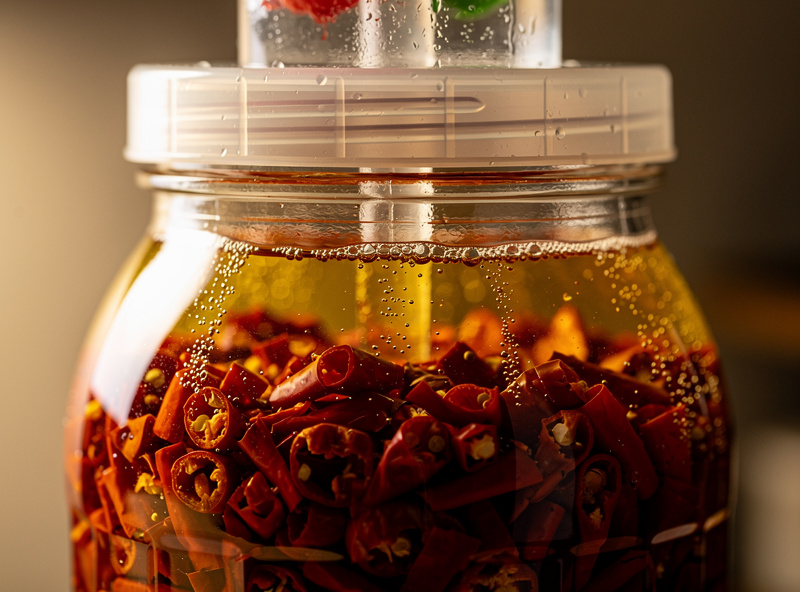 Macro view of a large glass jar filled with chopped red chili peppers under brine with an airlock lid on top, the contents actively bubbling during fermentation