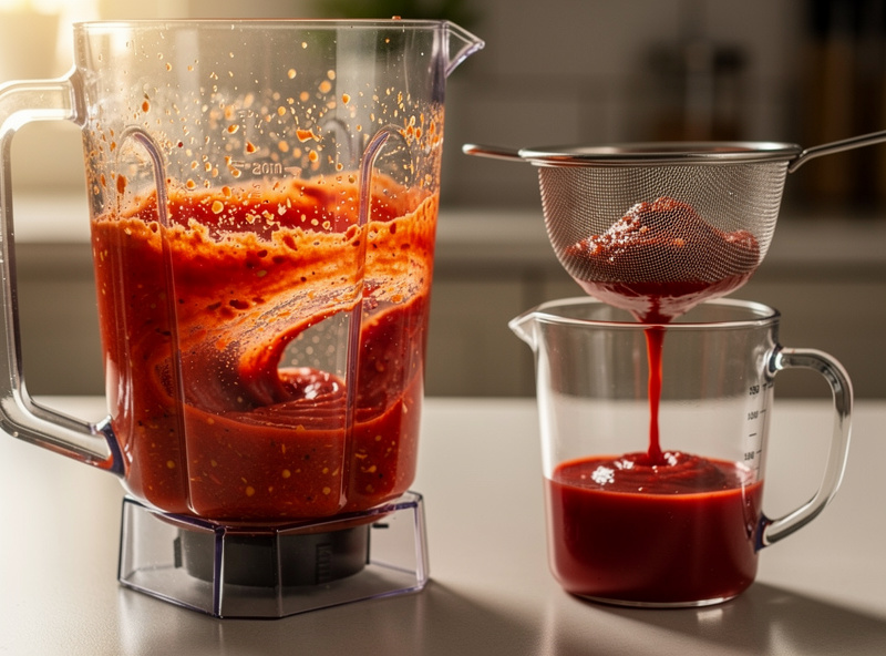 Action photograph of fermented chili pepper mash being blended in a high-speed blender with bright red puree visible then being strained through a fine mesh strainer into a glass measuring cup
