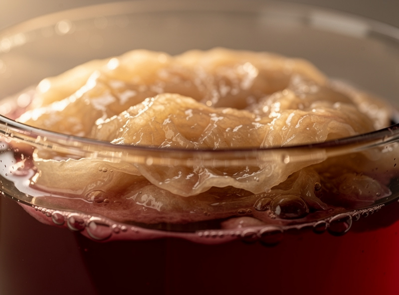 Macro close-up of a vinegar mother — a thick gelatinous translucent film floating on the surface of red wine vinegar with the deep red liquid visible below