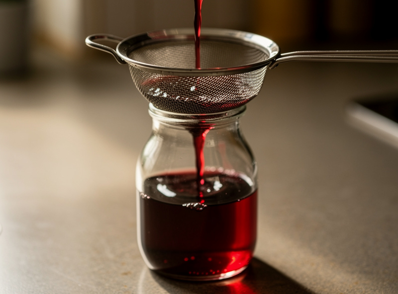 Macro photograph of finished red wine vinegar being decanted through a fine mesh strainer into a clean glass bottle showing rich ruby color and bright clarity