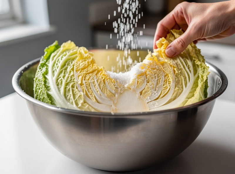 Quartered napa cabbage being salted between leaf layers in a large stainless mixing bowl on a kitchen counter as part of the kimchi salt-rinse step