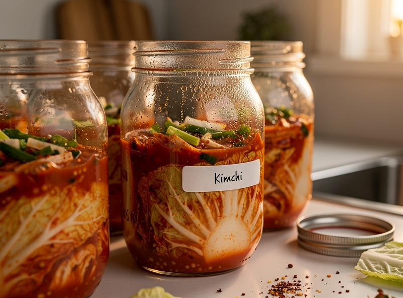 Glass jars of freshly made kimchi on a kitchen counter showing bright red paste-coated napa cabbage with visible CO2 bubbles rising through the brine