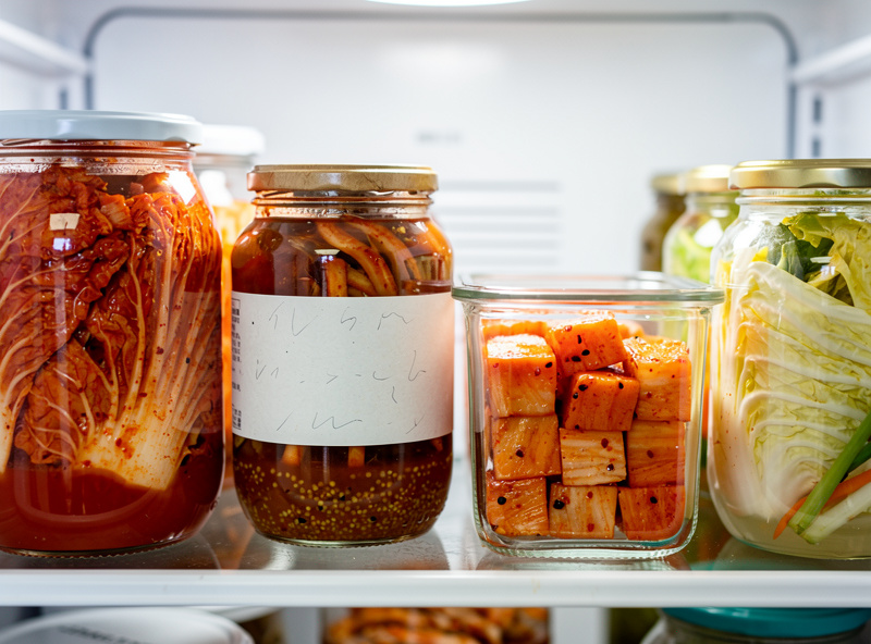 A refrigerator drawer with multiple glass jars of kimchi in different ages and styles — fresh red baechu, aged darker baechu, kkakdugi cubed daikon, and pale white kimchi — neatly labelled