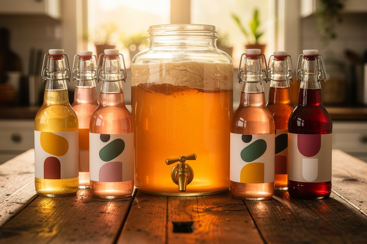 SCOBY floating in a jar of brewing kombucha