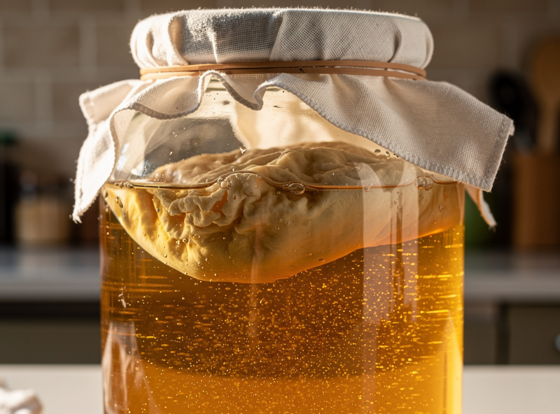 A glass jar of kombucha primary fermentation with a thick rubbery off-white SCOBY floating on the surface, covered with breathable cotton cloth secured by a rubber band