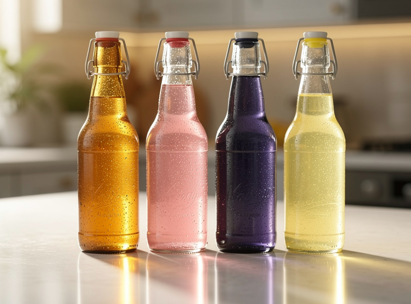 Multiple swing-top glass bottles of finished second-fermentation kombucha in different colours — ginger, raspberry, lemon, and peach — on a kitchen counter ready for refrigeration