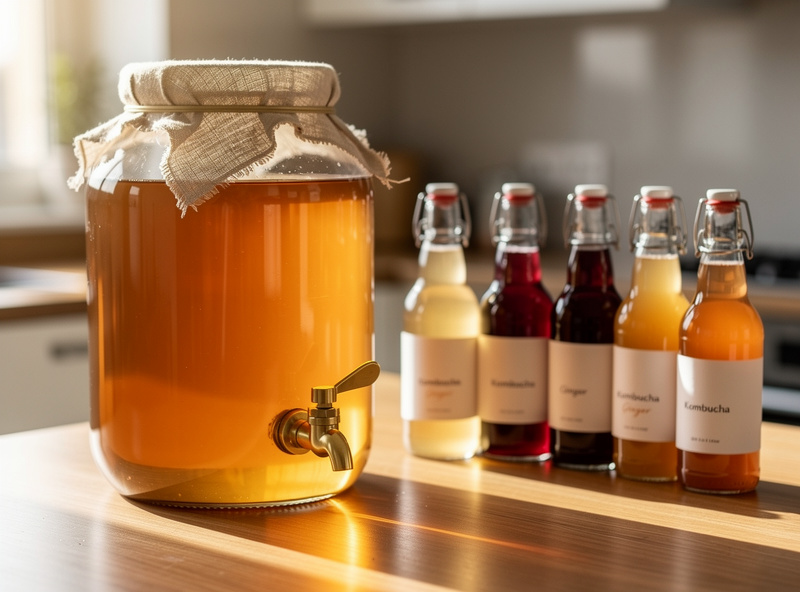 A continuous brew kombucha vessel with brass spigot, alongside finished flip-top bottles of kombucha in various colours, sitting on a kitchen counter as part of a weekly brewing rotation