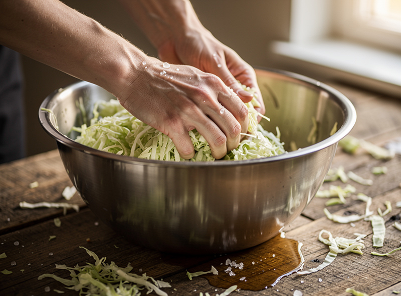 A large ceramic fermentation crock with shredded green cabbage being hand-massaged with salt on a wooden kitchen counter to start a sauerkraut ferment