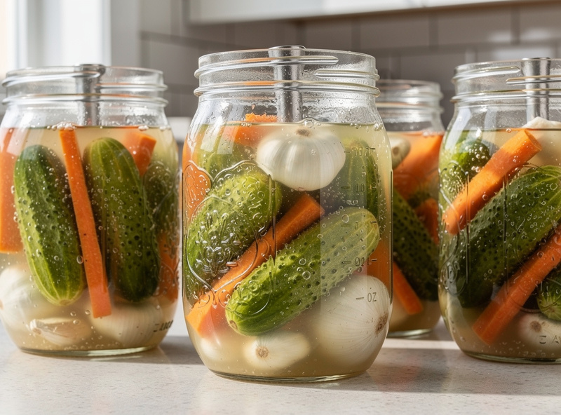 Multiple wide-mouth mason jars with lacto-fermenting cucumbers, garlic, and carrots arranged on a kitchen counter with bubbles visible in the brine