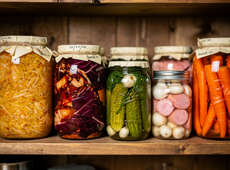 A pantry shelf with multiple mason jars of finished lacto-fermented vegetables — sauerkraut, kimchi, pickles, lacto-garlic, daikon, and carrots — neatly labelled with dates