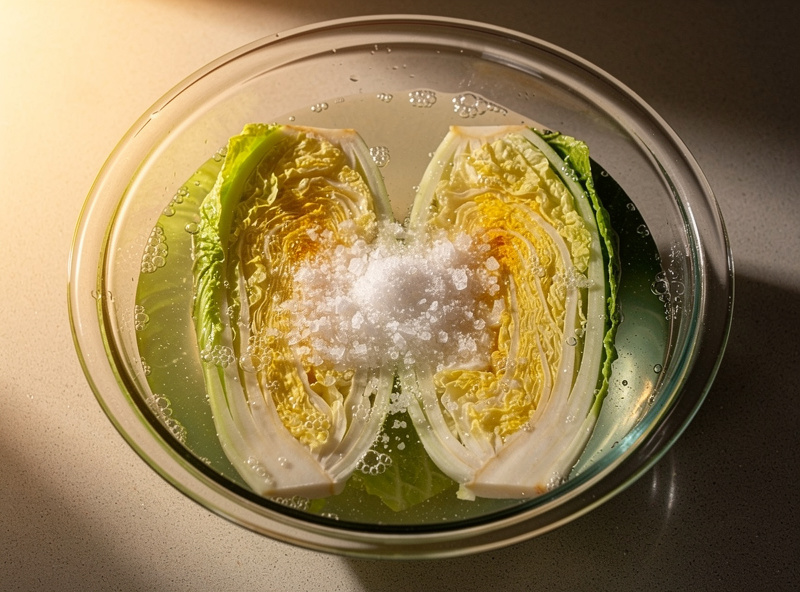 Top-down view of a quartered napa cabbage soaking in a saltwater brine in a large glass bowl with salt crystals visible on the cabbage leaves