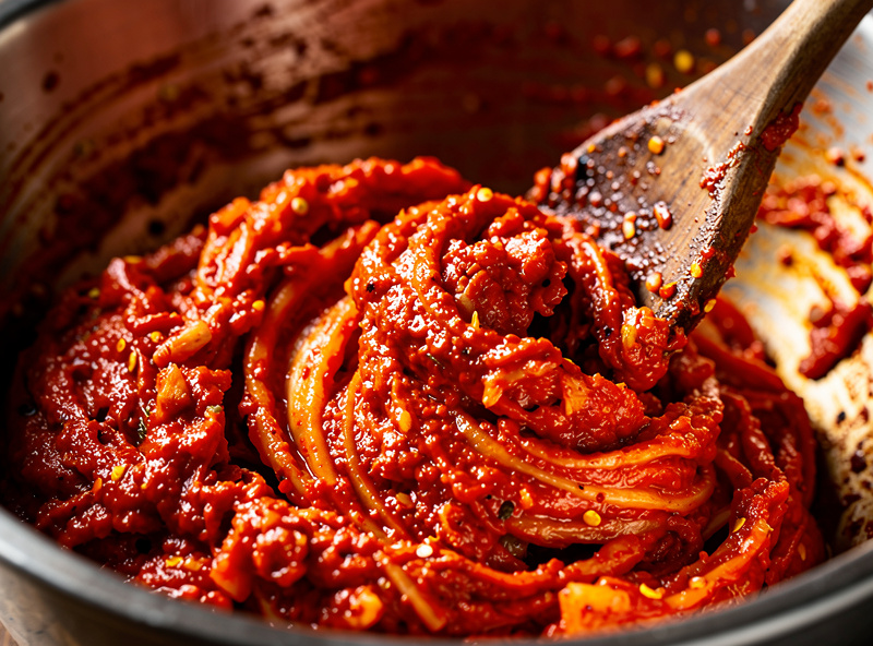 Macro close-up of bright red kimchi seasoning paste in a mixing bowl with visible chunks of garlic, ginger, and gochugaru chili flakes, with a wooden spoon mixing the paste