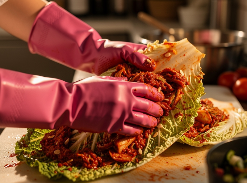 Hands wearing pink food-safe rubber gloves applying kimchi paste between cabbage leaves on a kitchen counter with the cabbage leaves visibly coated with the bright red seasoning paste