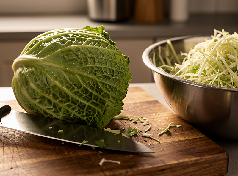 A dense green cabbage being sliced with a sharp knife on a wooden cutting board, with shredded cabbage in a stainless mixing bowl beside it