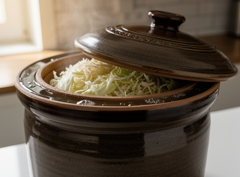 A traditional Polish-style ceramic fermentation crock with a water moat seal sitting on a kitchen counter, partially full of fermenting sauerkraut