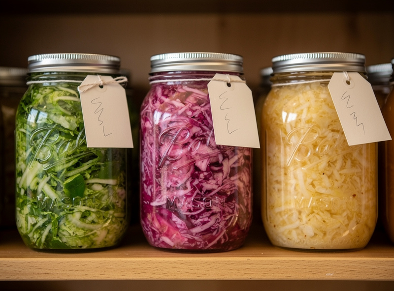 Multiple glass mason jars of finished sauerkraut in different colours — green, red cabbage, and curtido — neatly arranged on a pantry shelf with handwritten labels