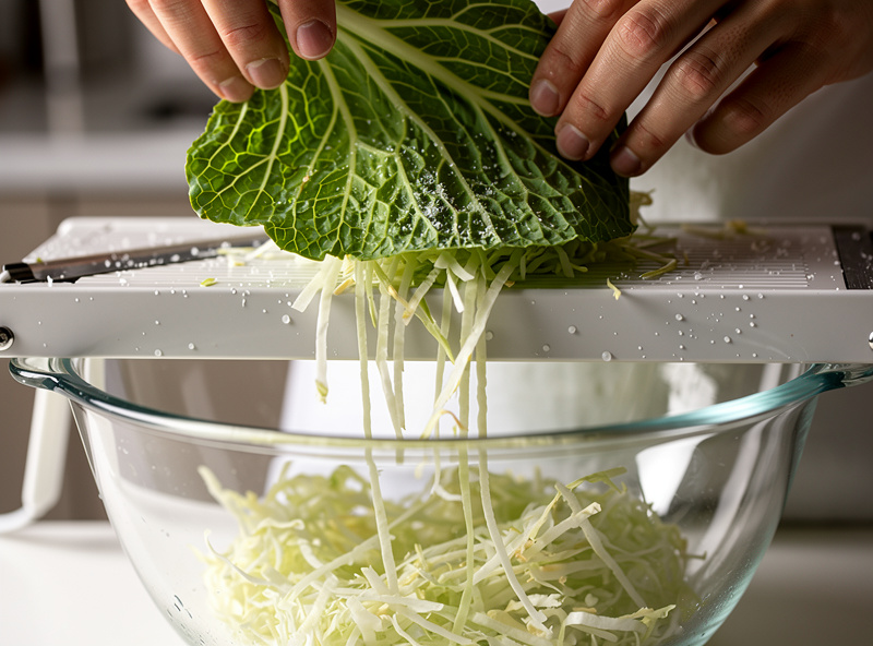 Macro close-up of hands shredding fresh green cabbage on a mandoline slicer creating uniform 1/8 inch thick strips falling into a large glass mixing bowl below