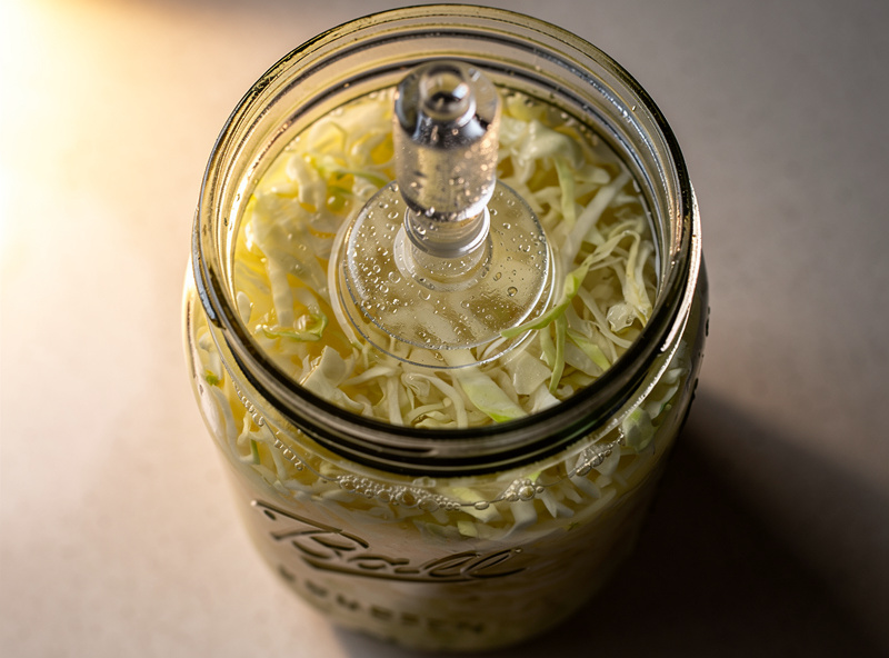 Top-down view of a glass mason jar of sauerkraut mid-fermentation showing the cabbage submerged below brine level with a glass weight holding it down and an airlock lid on top