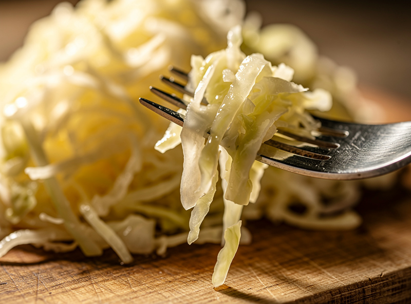 Macro close-up of fresh sauerkraut on a wooden cutting board showing perfectly crisp pale-yellow cabbage strips with visible texture and slight glossy brine sheen, fork lifting a small portion showing firm structure