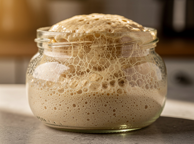 Macro close-up of an active bubbly sourdough starter in a clear glass jar showing peak rise with visible bubbles throughout, surface domed and webby