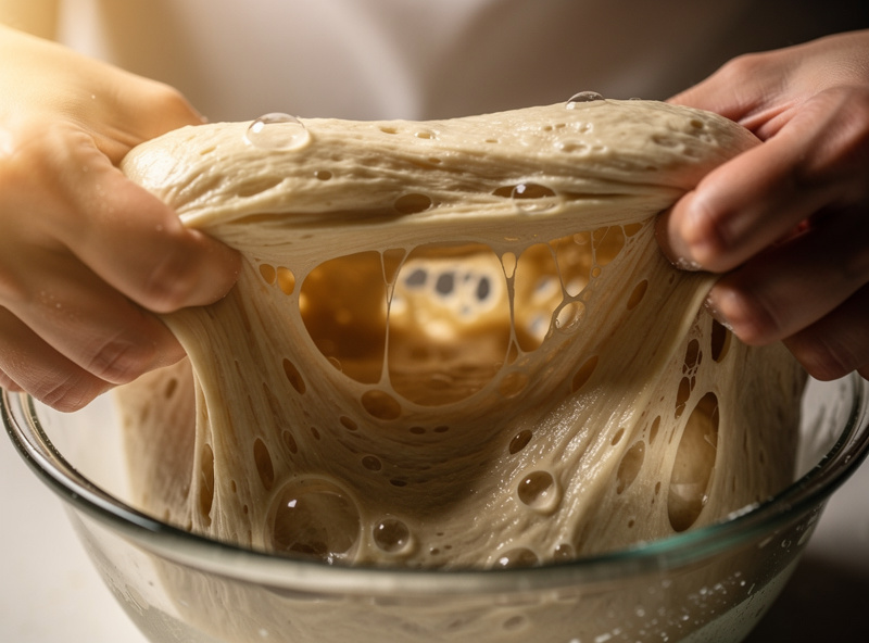 Macro action photograph of hands stretch-and-folding sourdough bread dough in a glass mixing bowl with visible gluten structure and air bubbles forming
