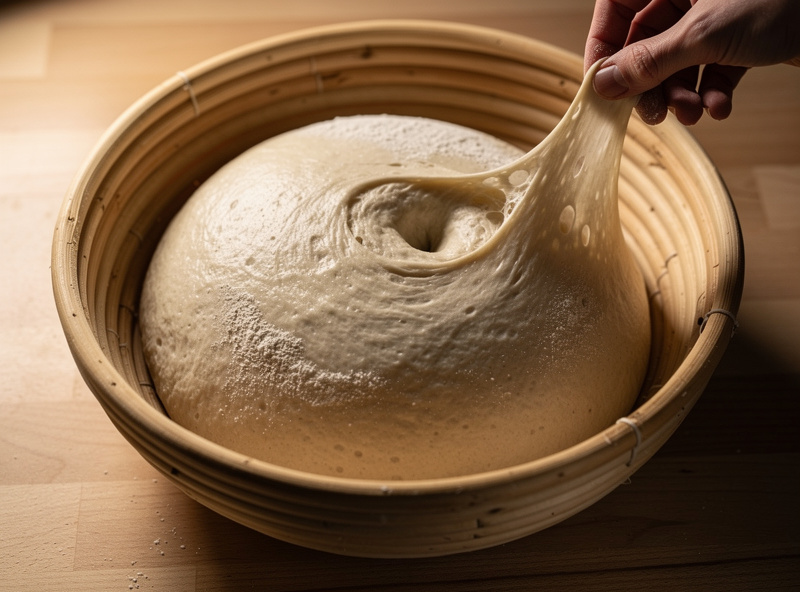 Top-down view of properly proofed sourdough loaf in a banneton basket showing dough at peak rise with windowpane test and a finger-poke indent that springs back slightly