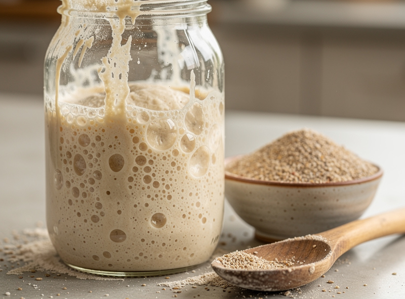 A glass jar of newly-built sourdough starter at day 5 showing some bubbling activity, beside a small bowl of rye flour and a wooden mixing spoon