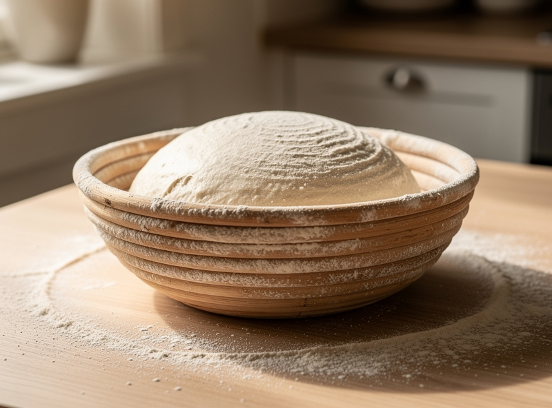 A shaped sourdough boule resting in a flour-dusted banneton proofing basket on a kitchen counter, ready for cold retard in the fridge