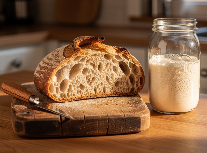 A finished baked sourdough boule on a wooden cutting board showing deep mahogany crust with ear, alongside a glass jar of active sourdough starter and a bread lame for scoring