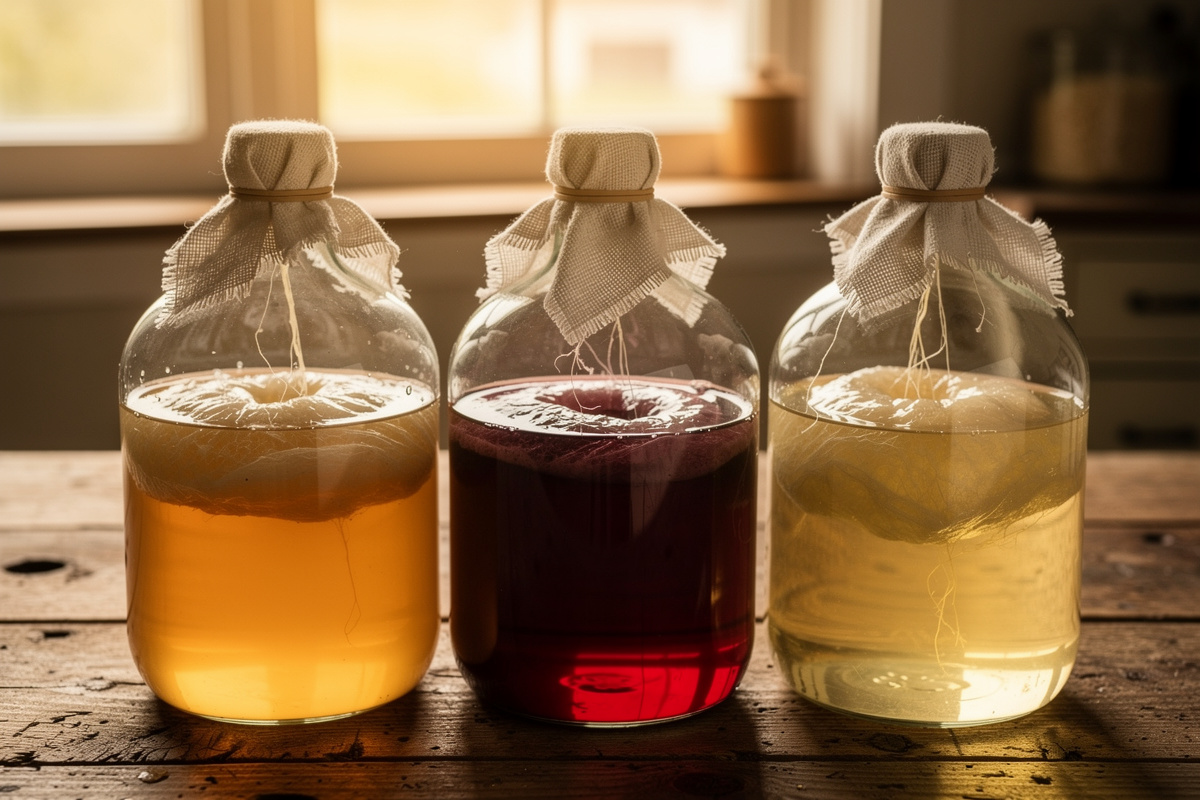 Bottles of homemade vinegar lined up on a counter