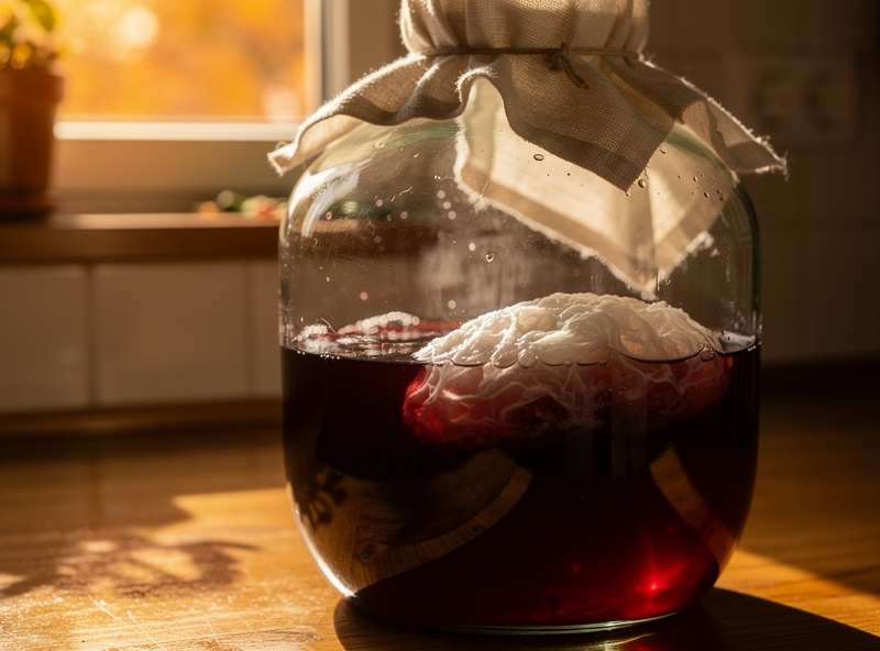 Glass demijohn-style vessel with red wine vinegar in active fermentation, cloth-covered top secured with a rubber band, on a wooden kitchen counter