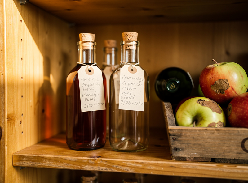 A pantry shelf with three demijohn-style glass vessels of home-made vinegars — apple cider, red wine, and rice — each labelled with date and acidity percentage