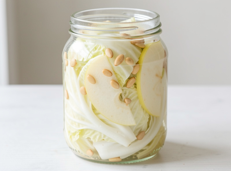 Pale white baek kimchi made from napa cabbage with no chili, showing slices of pear and pine nuts in a clear light brine in a glass jar