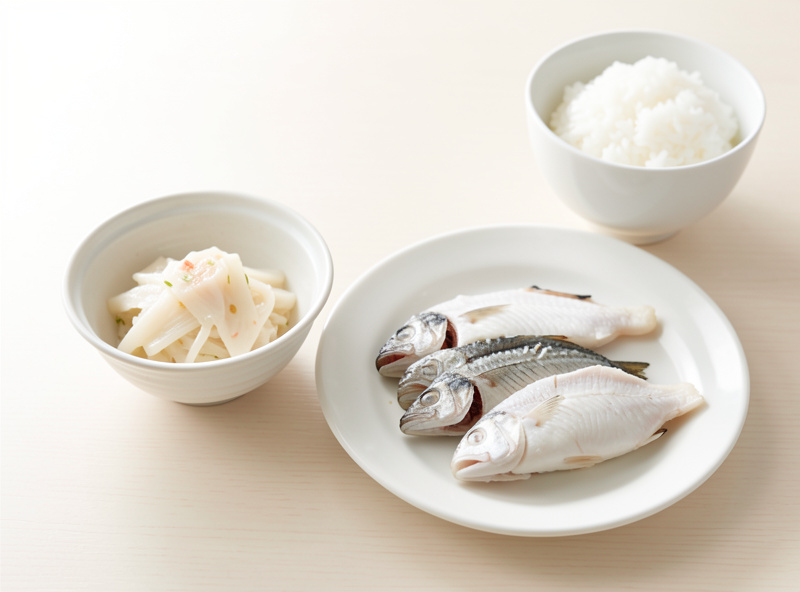 A bowl of finished white baek kimchi served beside a plate of steamed white fish and rice on a clean table setting, showing the pale elegant kimchi