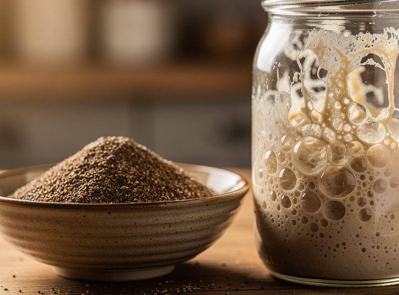 A bowl of dark whole-grain rye flour beside a bubbling rye-fed sourdough starter in a glass jar, showing vigorous fermentation activity on a wooden counter