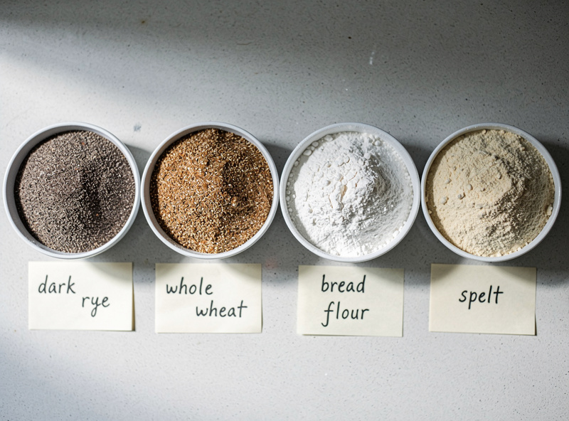 Several small bowls of different flours for sourdough starter arranged on a counter, including dark rye, whole wheat, white bread flour, and spelt, with labels