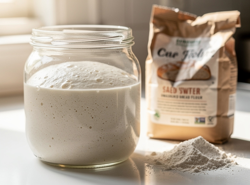 A glass jar of mild white-flour-fed sourdough starter rising in a clean readable dome on a kitchen counter, beside an open bag of unbleached bread flour