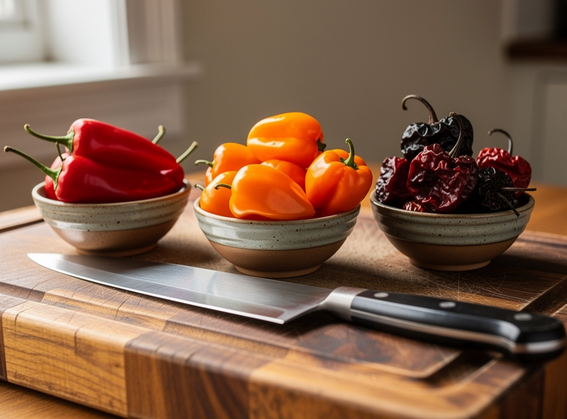 Fresh red jalapeño, orange habanero, and dark ghost peppers sorted into three bowls on a wooden cutting board, ready for a hot sauce mash