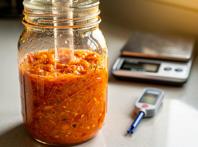 A jar of orange habanero pepper mash fermenting under a glass weight with visible bubbles, beside a digital pH meter