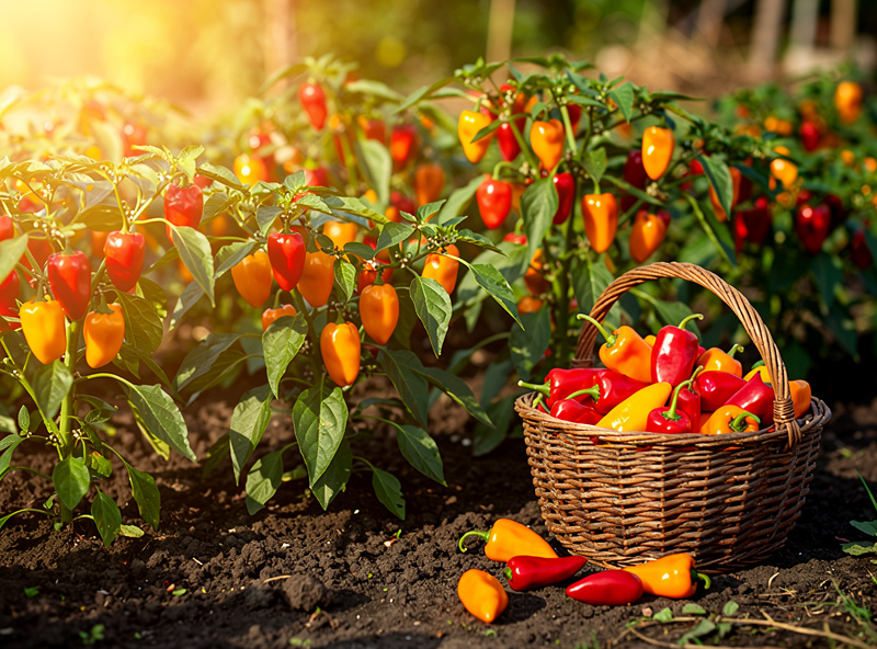 Ripe red and orange chili peppers growing on a plant in a garden, with a basket of freshly harvested pods