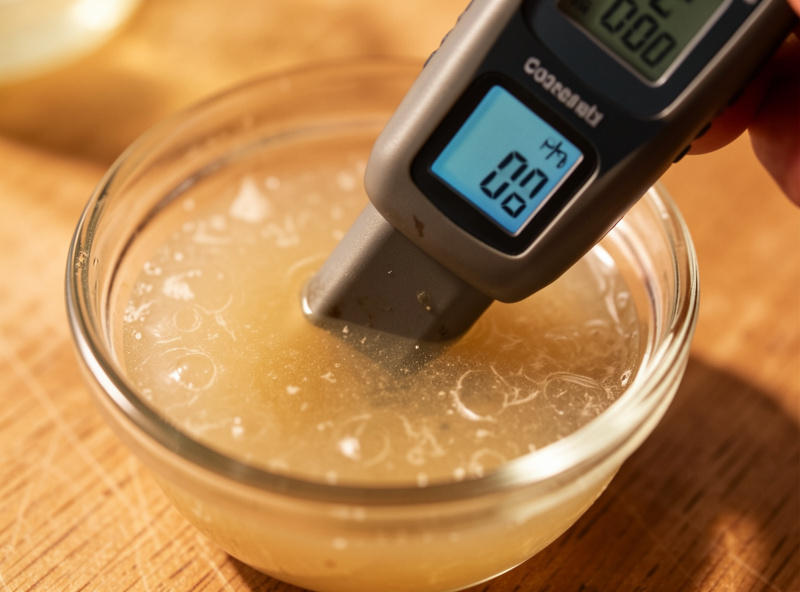 A digital pocket pH meter reading 3.4 dipped into a jar of fermenting brine on a kitchen bench