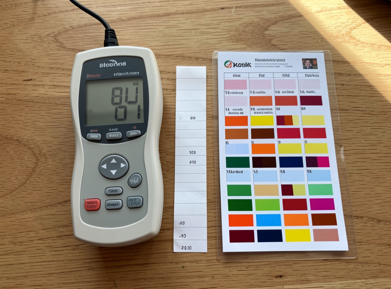 A digital pH meter next to a strip of pH test paper and color chart, comparing two ways to measure fermentation acidity