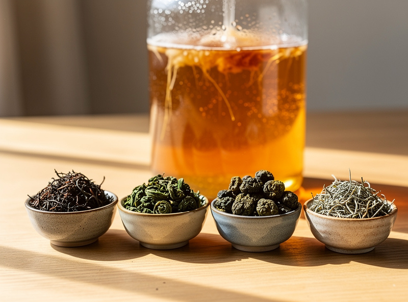 Loose-leaf black, green, oolong and white tea in separate bowls beside a brewing kombucha jar