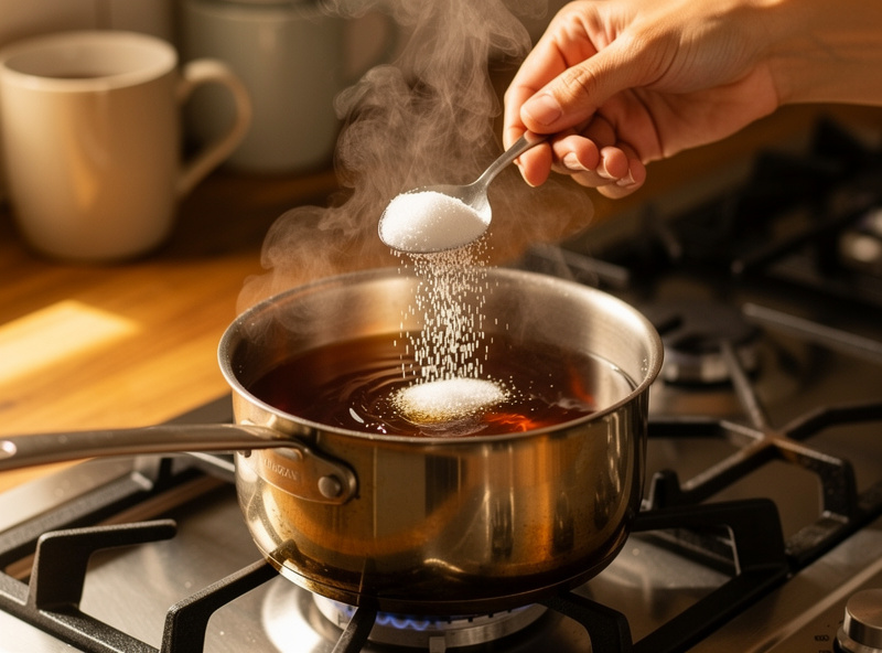 Brewer dissolving cane sugar into freshly steeped black tea before cooling for kombucha