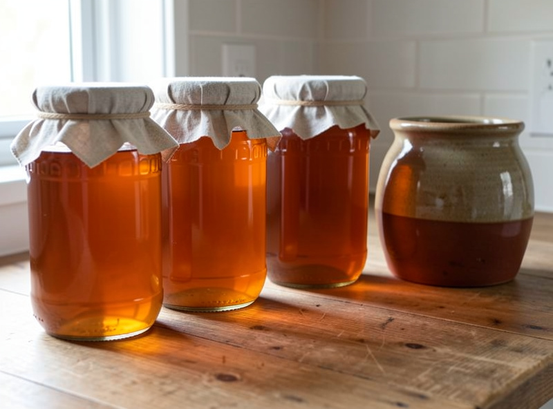 A row of wide-mouth glass jars of vinegar with cloth covers on a kitchen bench beside a glazed stoneware crock