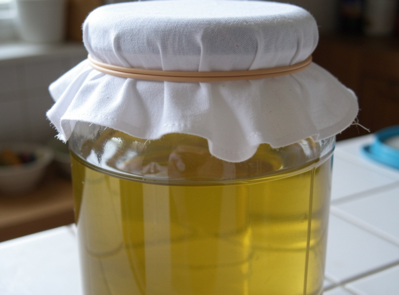 A wide jar of vinegar topped with a cotton cloth cover secured by a rubber band, oxygen reaching the surface